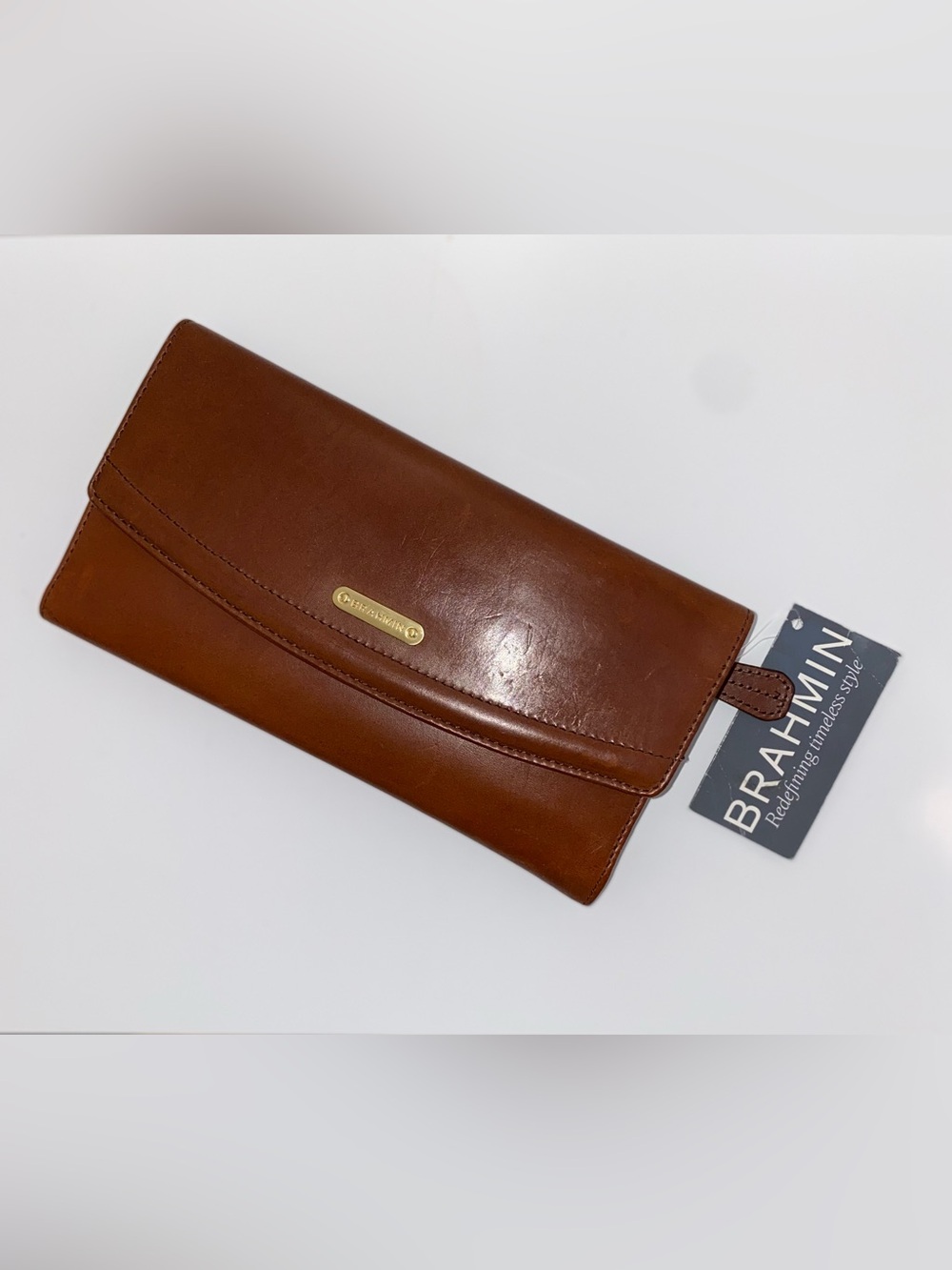 NWT Brahmin Cognac Brown Leather Foldover Wallet with Gold Accent Plaque